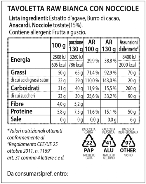 Tavoletta Raw bianca con nocciole